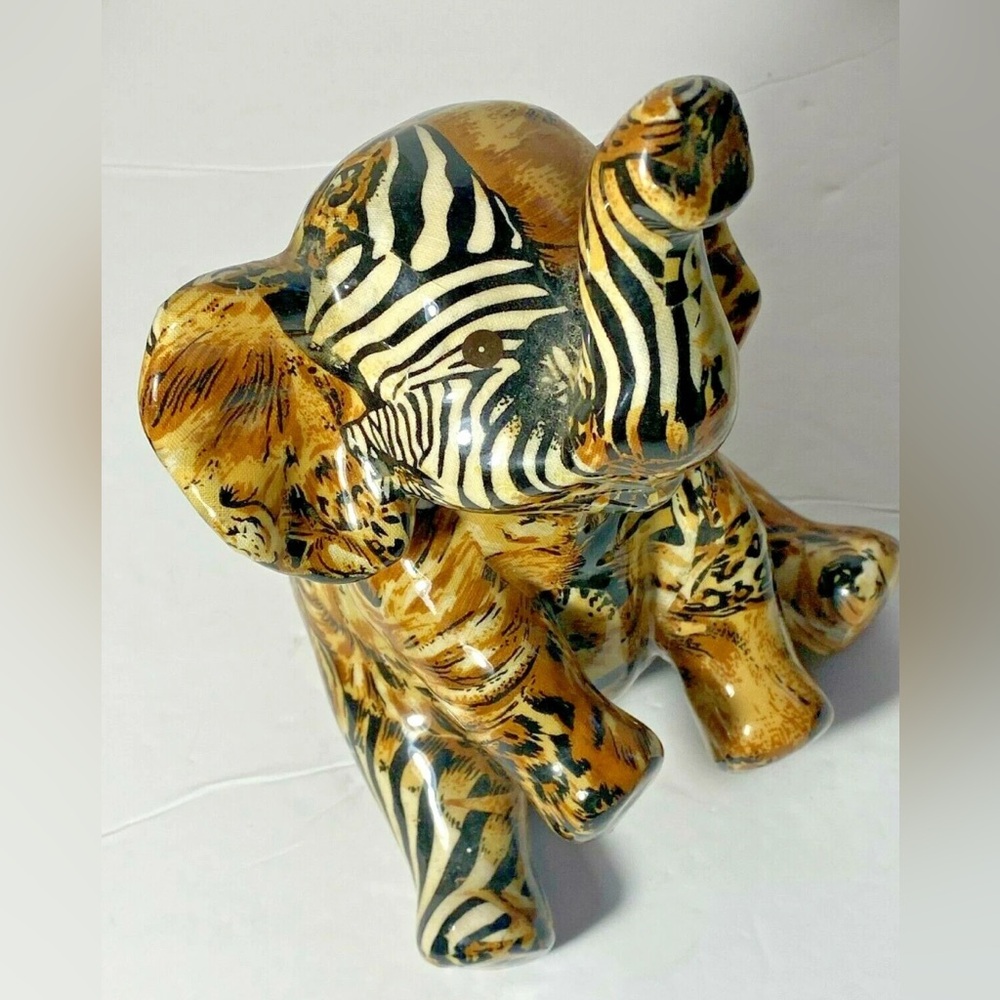 LAVIE SITTING ELEPHANT FIGURE - SAFARI PRINT DECOUPAGE - ZEBRA LION GIRAFFE